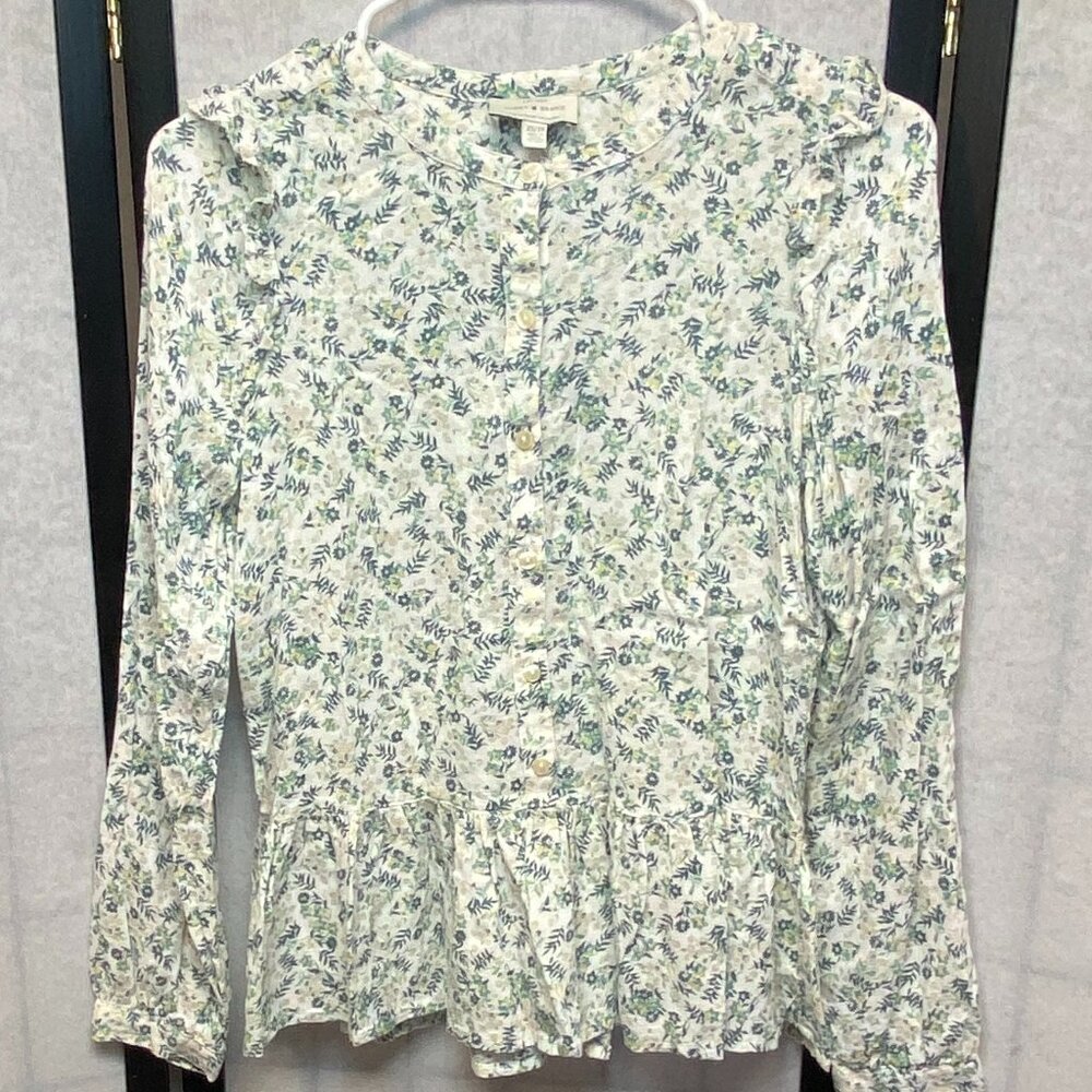 Lucky Brand Button Front XS Ruffled Shoulder Peplum Sheer Blouse Long Sleeve